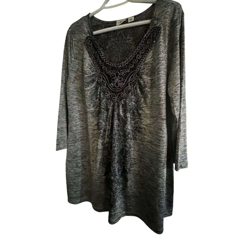 CATO Women 14/16W Gray 3/4 Sleeve Beaded V-Neck Blouse Top
